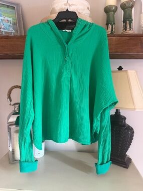 P Cill Gauze Pullover Hoodie Top - Oversized - Kelly Green - Large